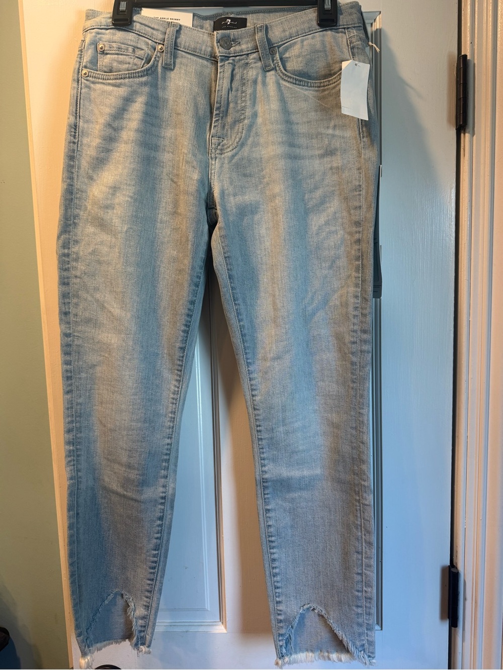 7 For All Mankind Light Blue the Ankle Skinny Jeans with Frayed V-Cut Hem